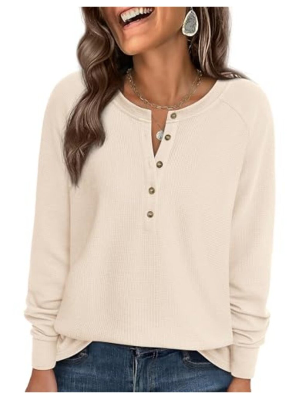 Long Sleeve Waffle Knit Henley Shirt Women's Relaxed Fit Raglan Pullover